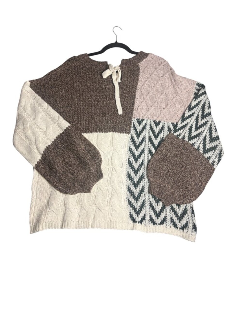 Women's Xl Sweater Patchwork Cable Knit Pullover Balloon Sleeve Chevron Brown - Picture 4 of 8